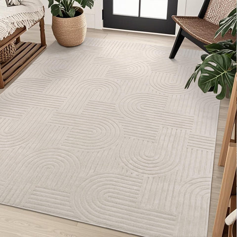 Living room view with SHACOS beige geometric arch-pattern rug
