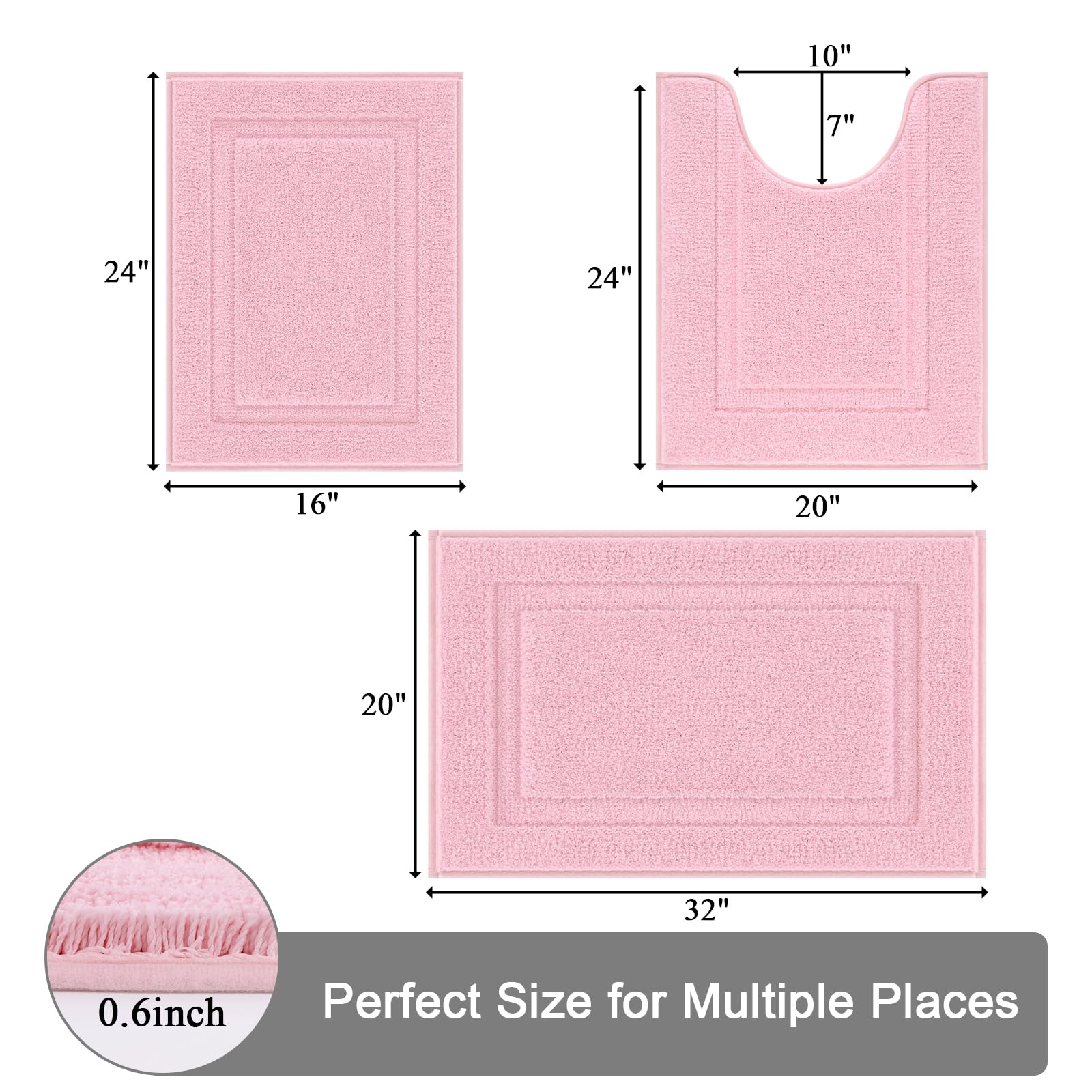 SHACOS pink bath rug 20x32, side/front view, plush pile absorbs moisture quickly