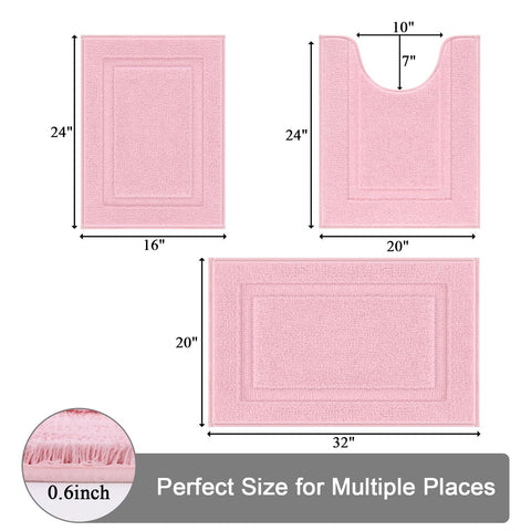 SHACOS pink bath rug 20x32, side/front view, plush pile absorbs moisture quickly