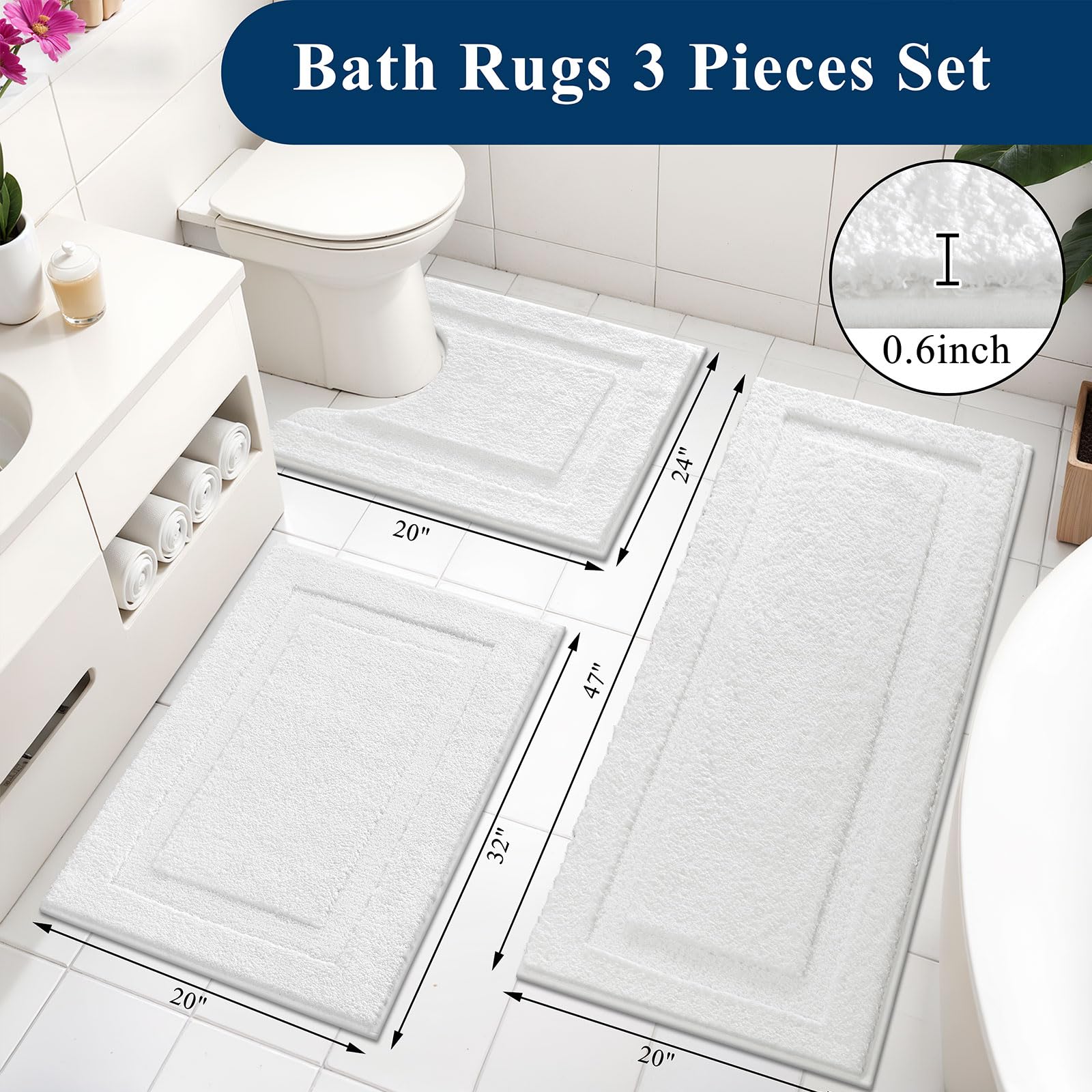 SHACOS white bathroom rug set 20x47, extended coverage for larger spaces.