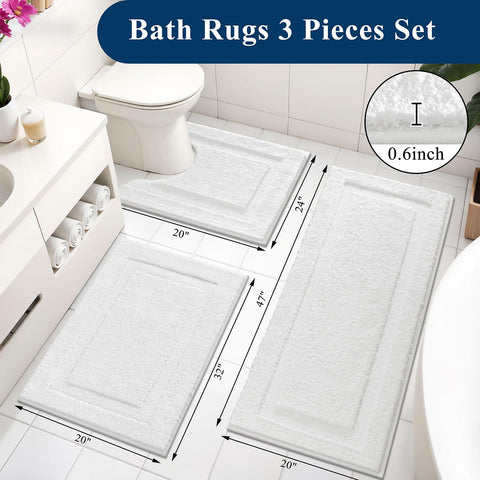 SHACOS white bathroom rug set 20x47, extended coverage for larger spaces.
