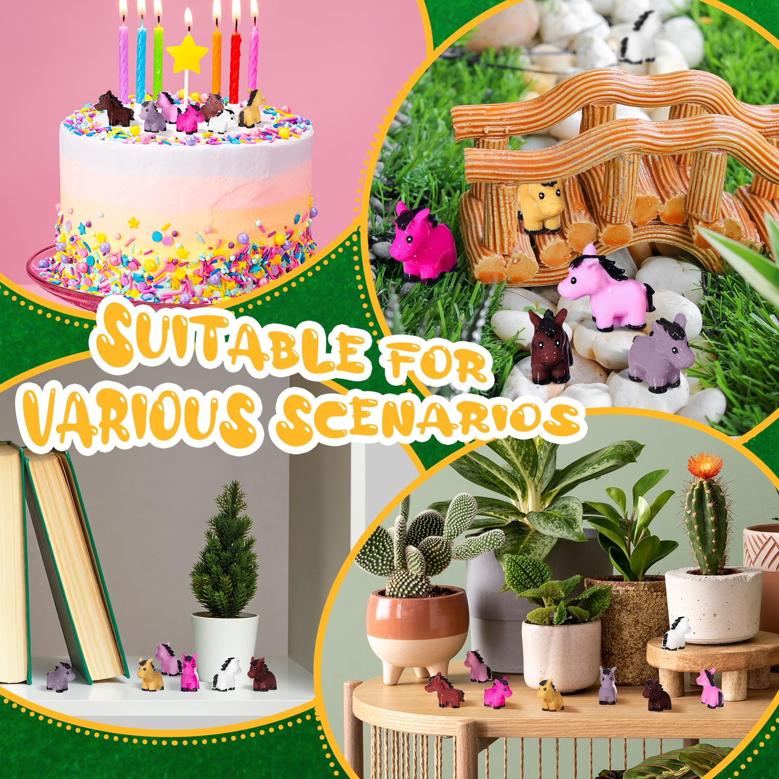 Shappy colorful horse figures add whimsy to garden and outdoor displays.