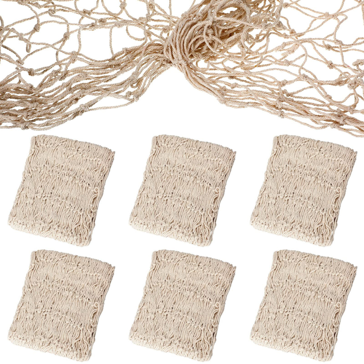 Shappy natural fish net 6-pack wall hanging beige for nautical party décor.