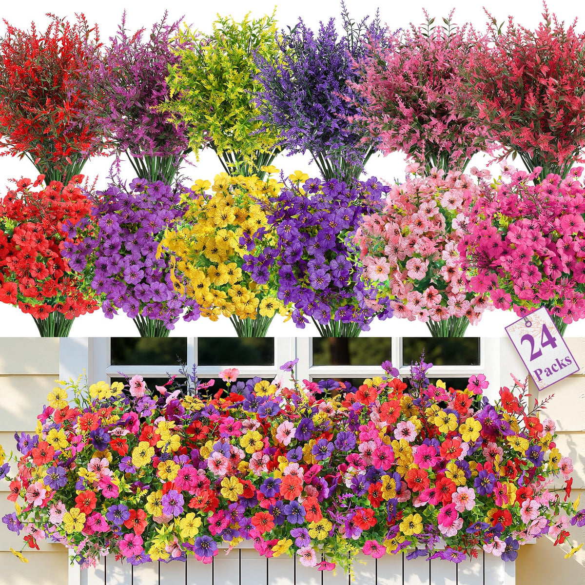 SHareconn 24-bundle outdoor artificial flowers with daisies, eucalyptus, and lavender for durable porch decor