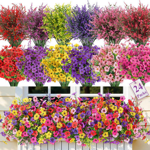 SHareconn 24-bundle outdoor artificial flowers with daisies, eucalyptus, and lavender for durable porch decor