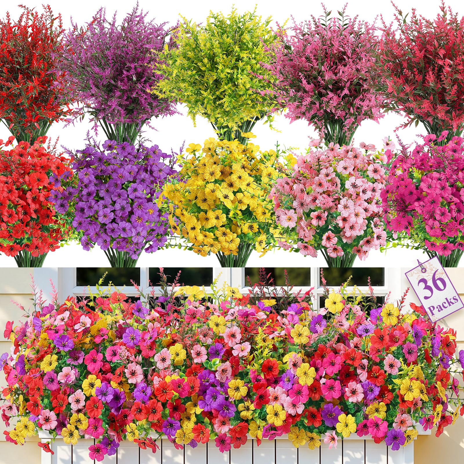SHareconn 36-bundles artificial flowers with daisies and eucalyptus for vibrant outdoor decor.