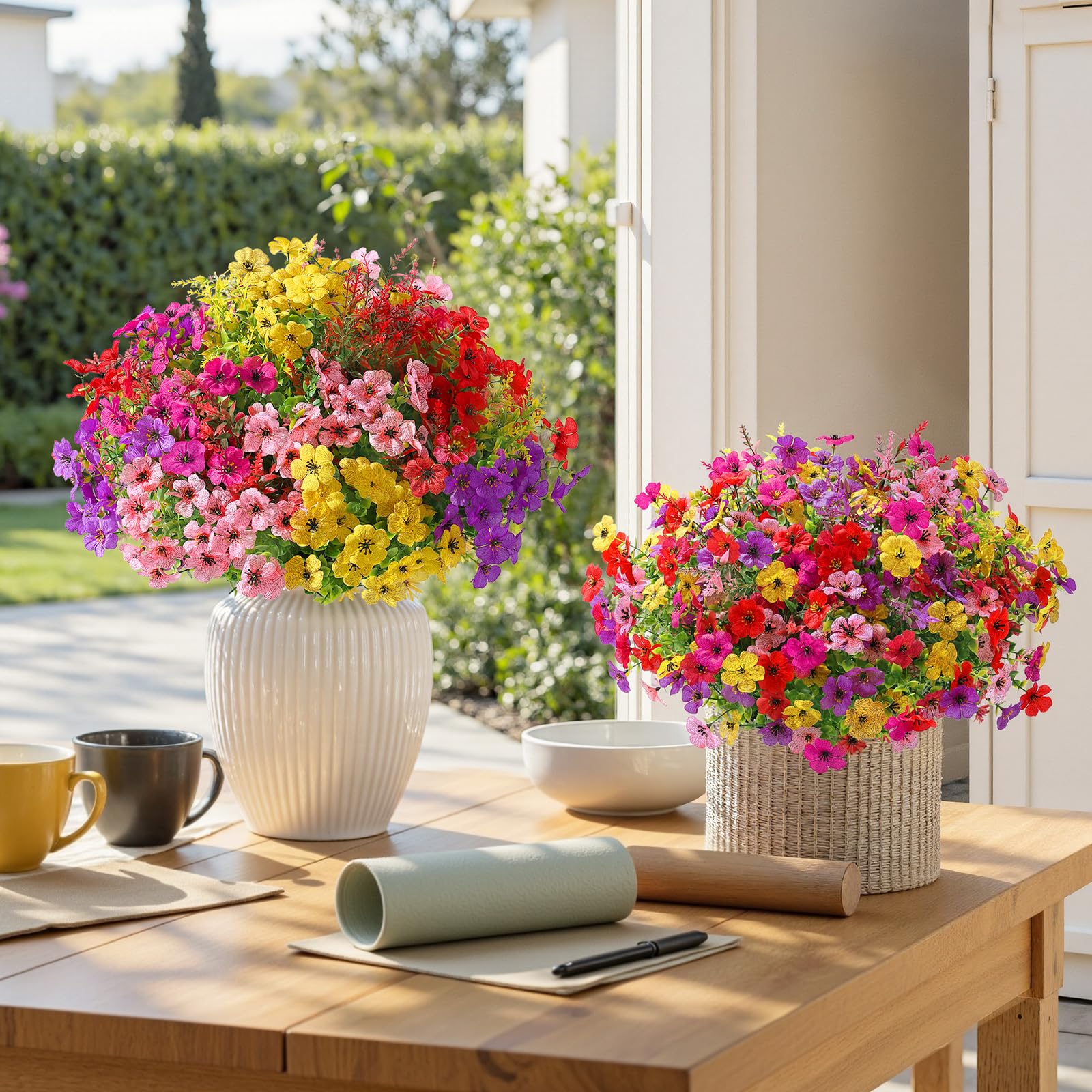SHareconn silk daisies and plastic eucalyptus leaves close-up for durable all-season appeal