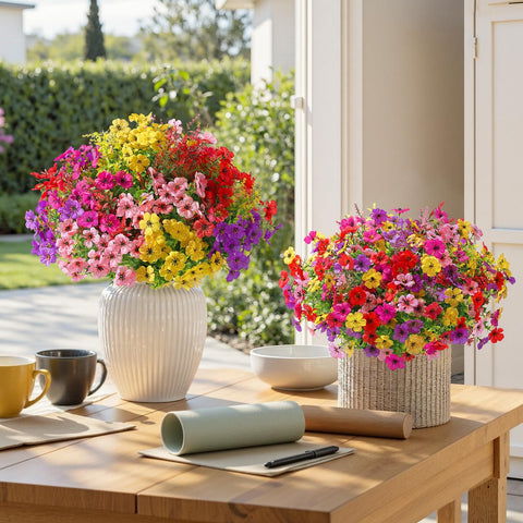 SHareconn silk daisies and plastic eucalyptus leaves close-up for durable all-season appeal
