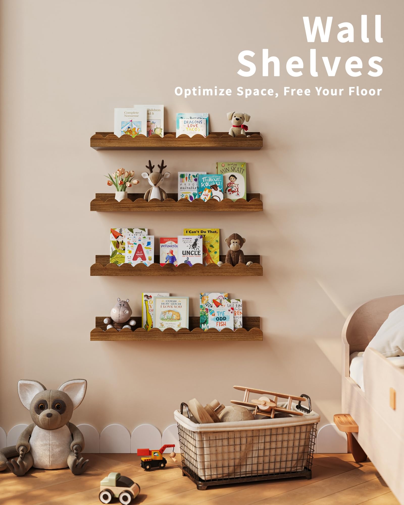Shario baby room shelves organize toys and books neatly on the wall