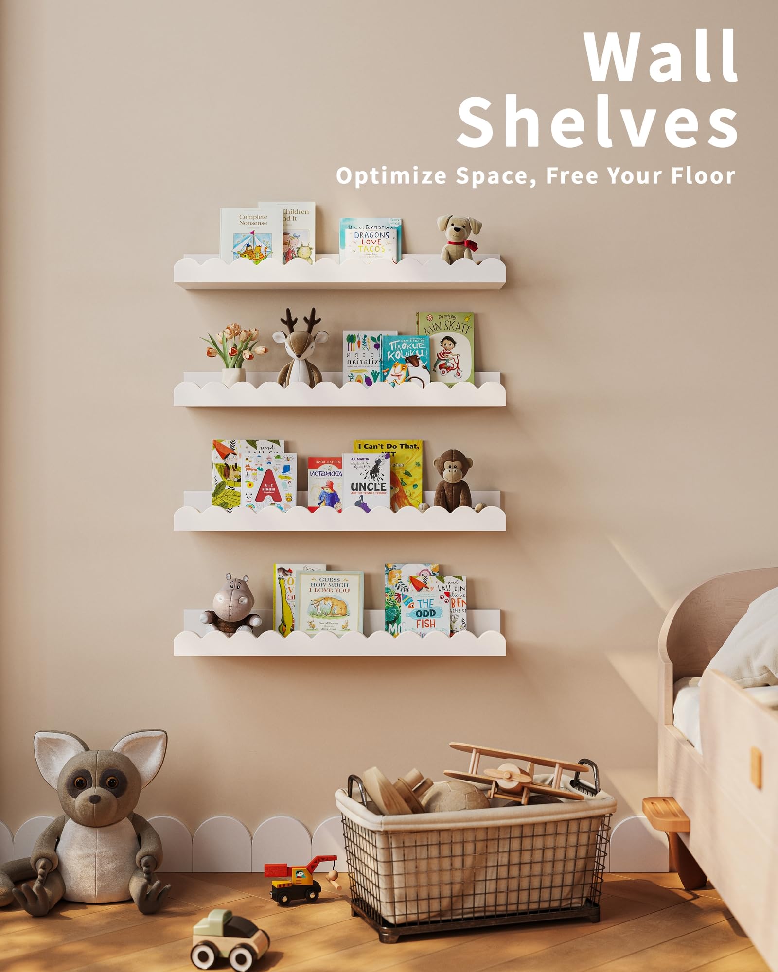 Shario shelves crafted from sustainable, non-toxic wood for a safer play space.