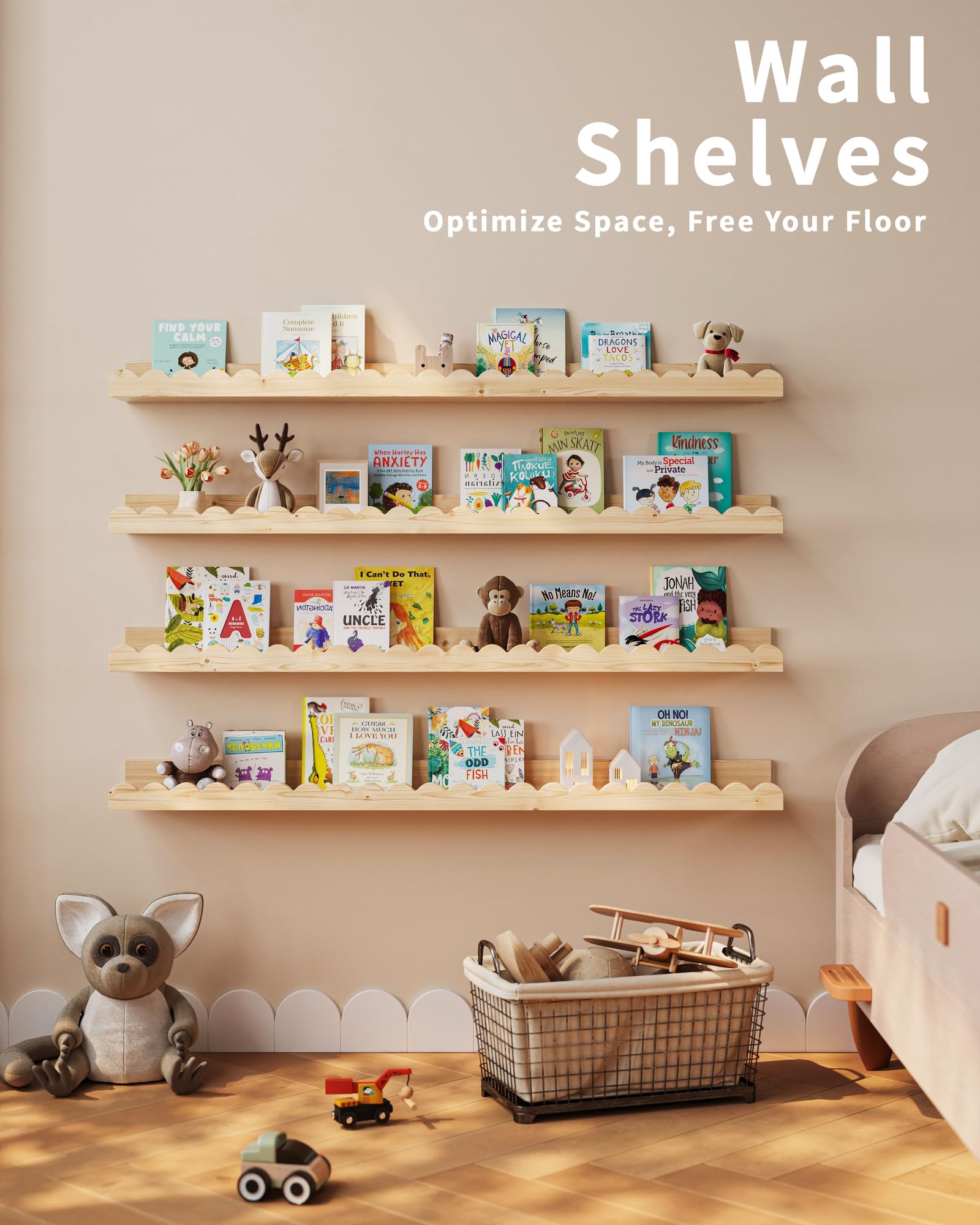 Shario colorful wood nursery shelves brighten bedrooms and reading corners.