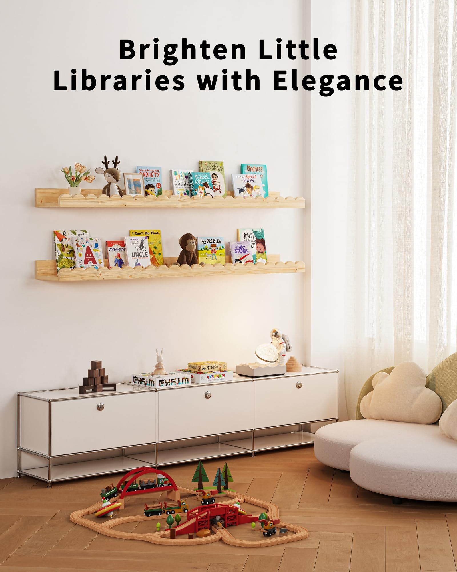 Shario eco-friendly nursery shelves use sustainable wood and non-toxic finish.