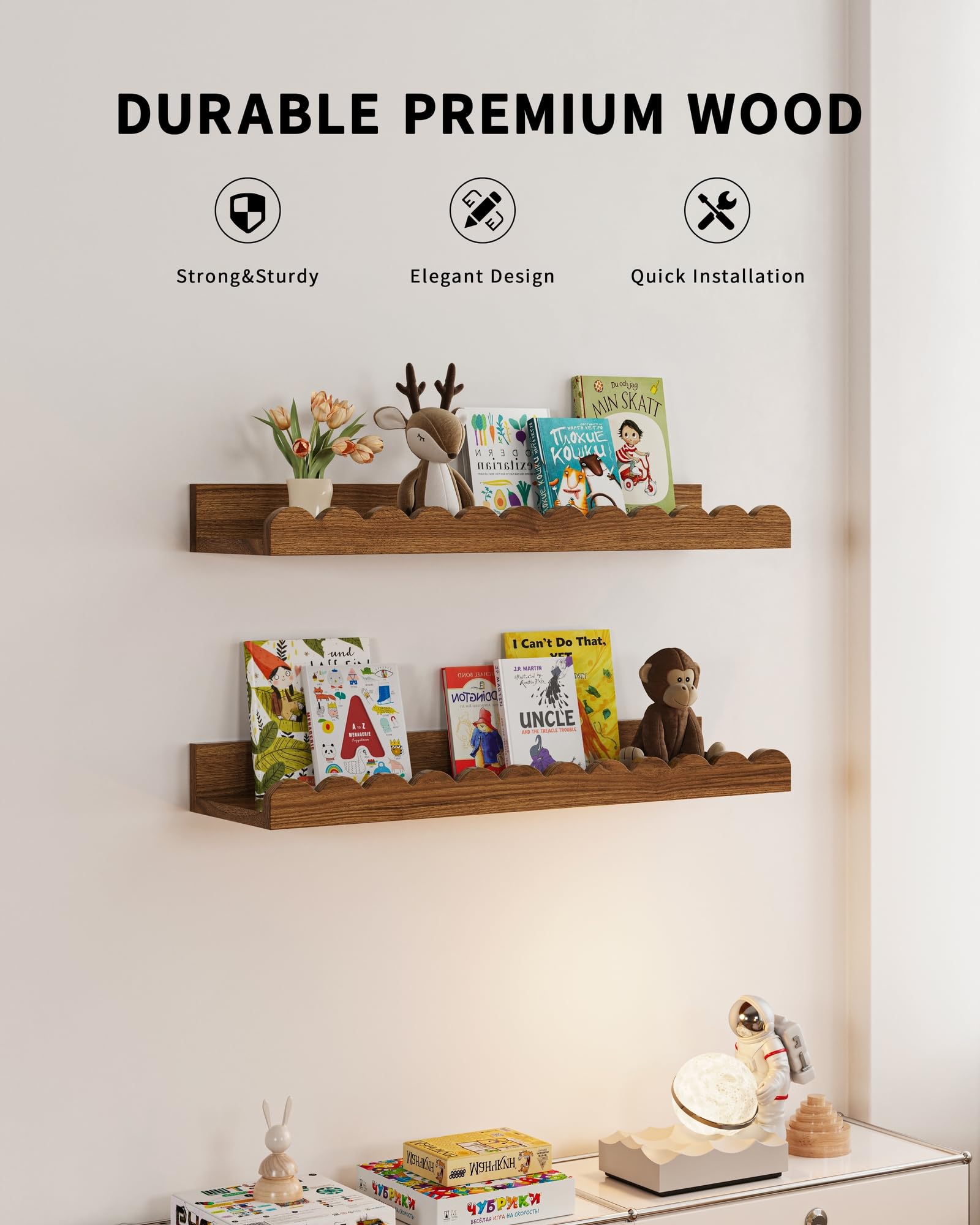 Shario floating wall shelves for kids with scalloped edge for easy access to books