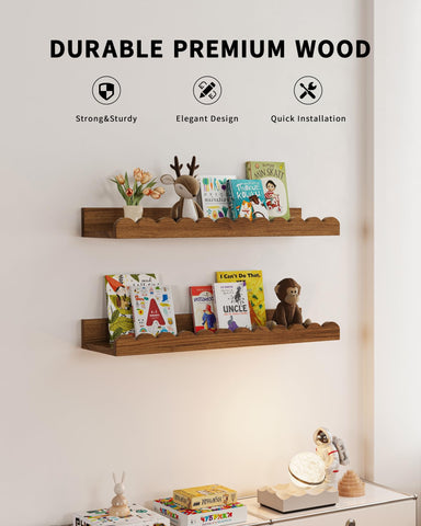 Shario floating wall shelves for kids with scalloped edge for easy access to books