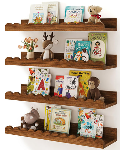 Shario nursery book shelves 4 pack in walnut brown with scalloped edges for organized reading