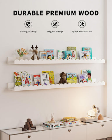 Close-up of scalloped edge detail on Shario white wall shelves