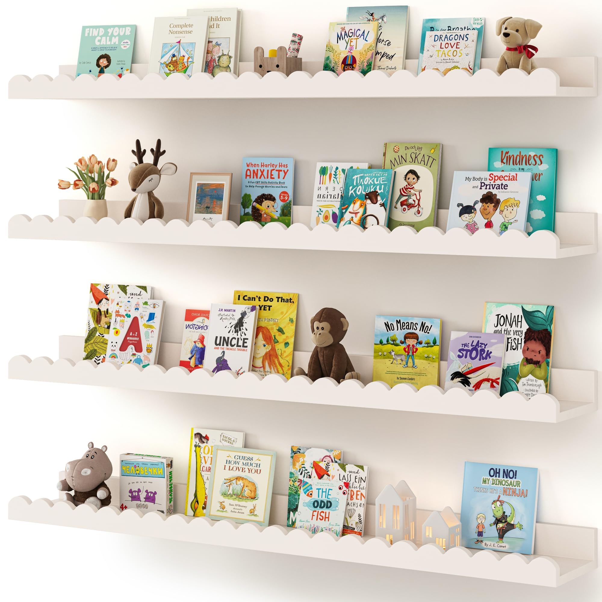 Shario nursery book shelves four-pack white floating front view on wall for easy book access