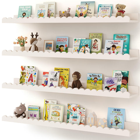 Shario nursery book shelves four-pack white floating front view on wall for easy book access