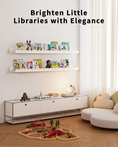 Installed Shario shelves display children's books and small toys