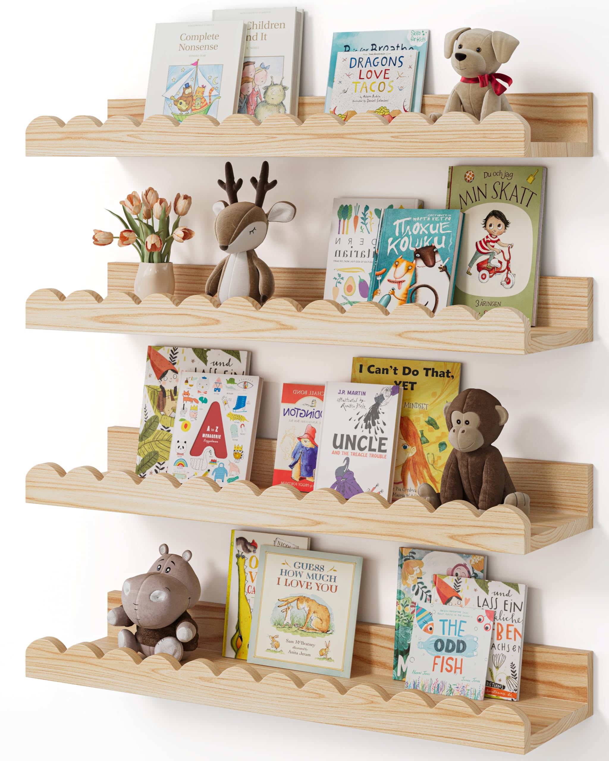 Shario nursery book shelves 4-pack wood floating units provide durable wall storage.
