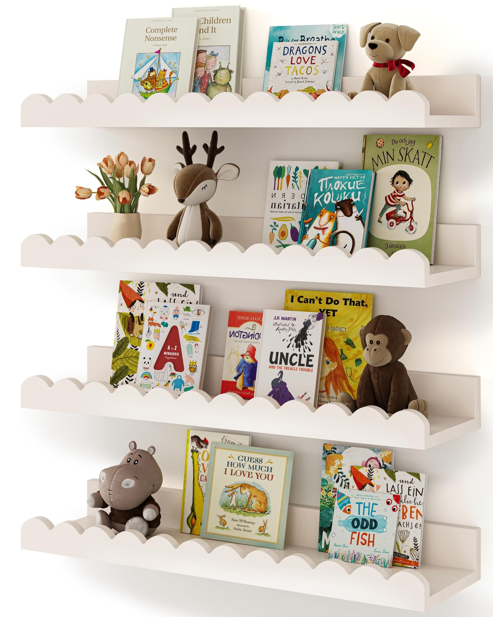 Shario 4-pack wall-mounted nursery shelves with scalloped edges, ideal for tidying books.