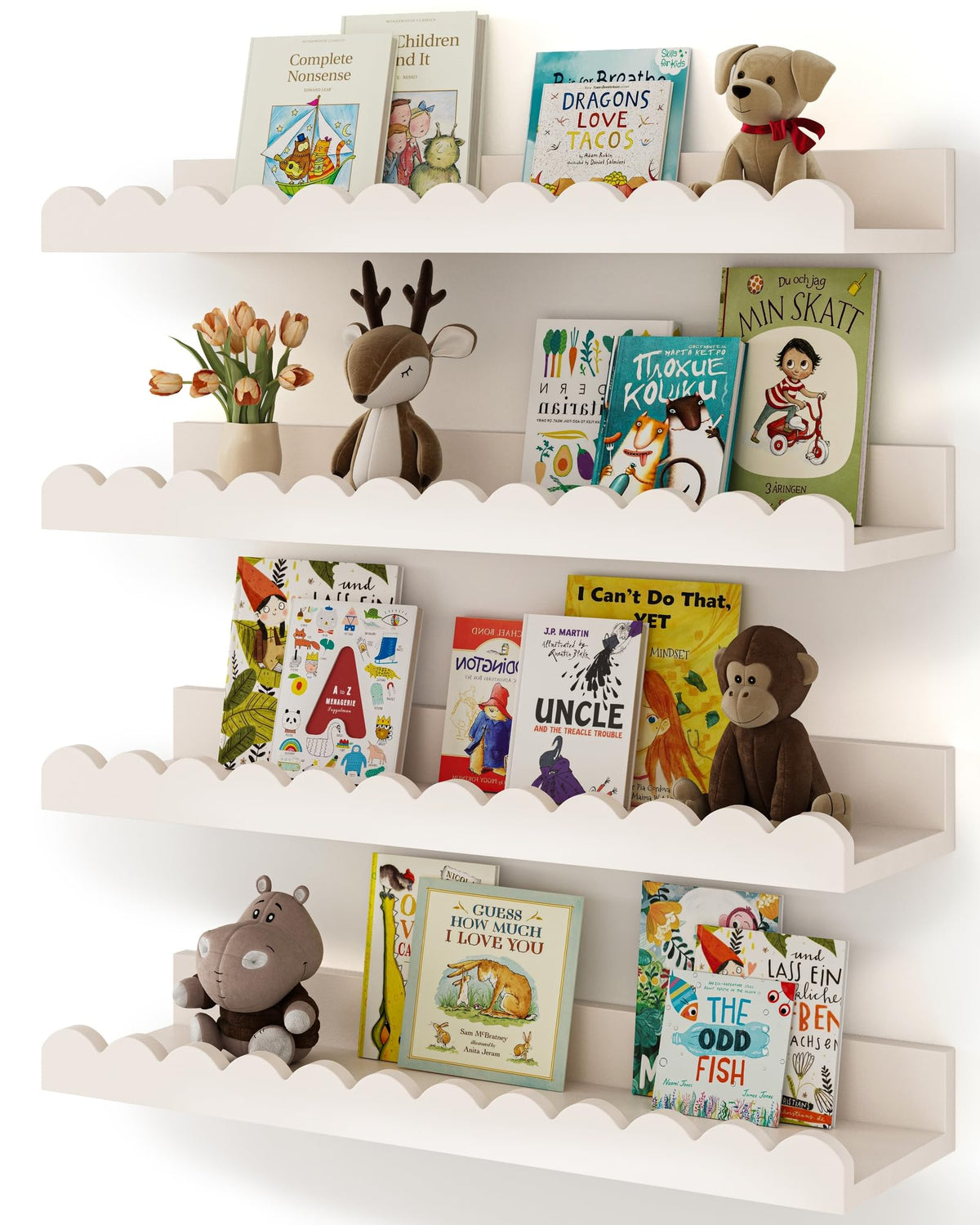 Shario 4-pack wall-mounted nursery shelves with scalloped edges, ideal for tidying books.