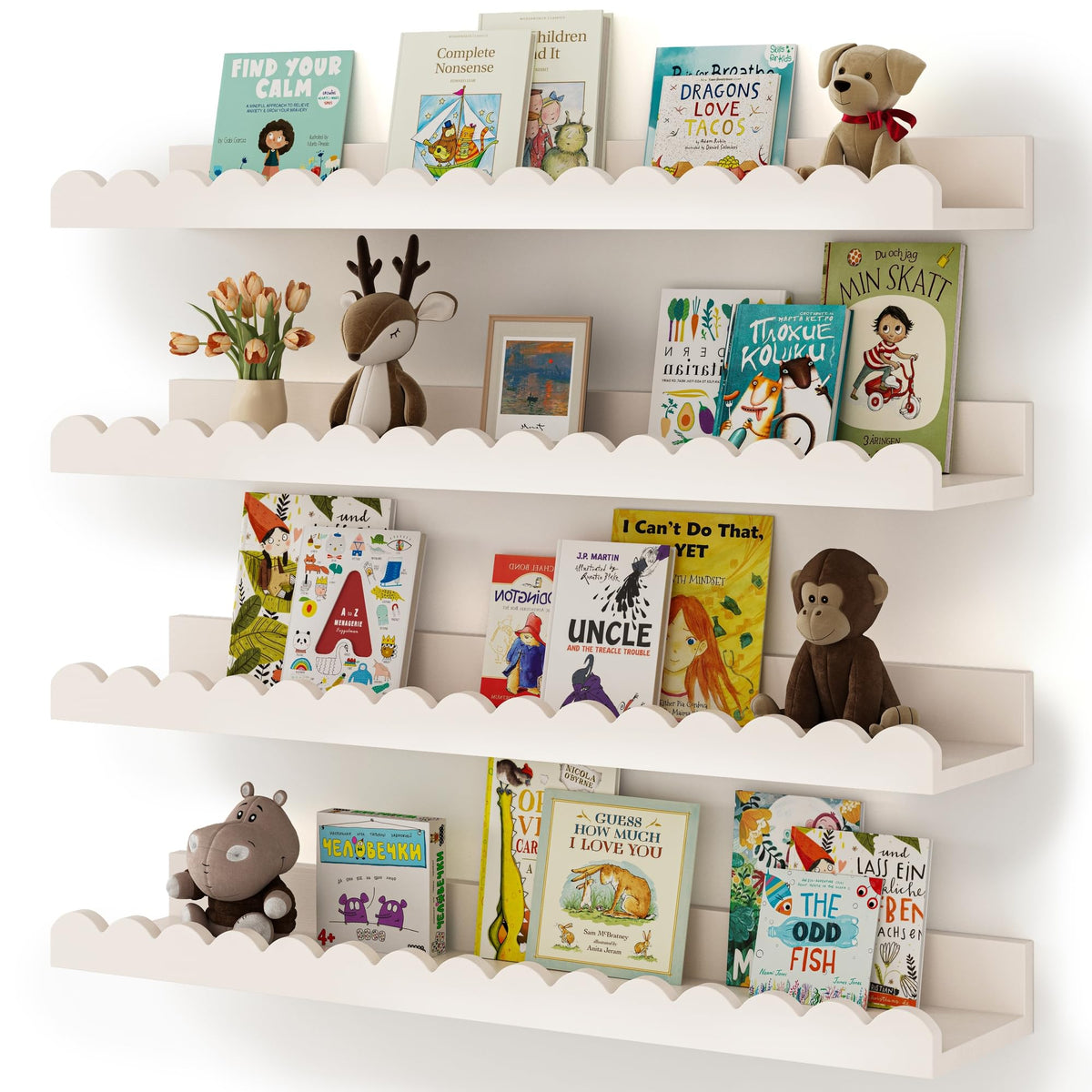 Shario nursery book shelves 4-pack white scalloped edges for organized playtime.