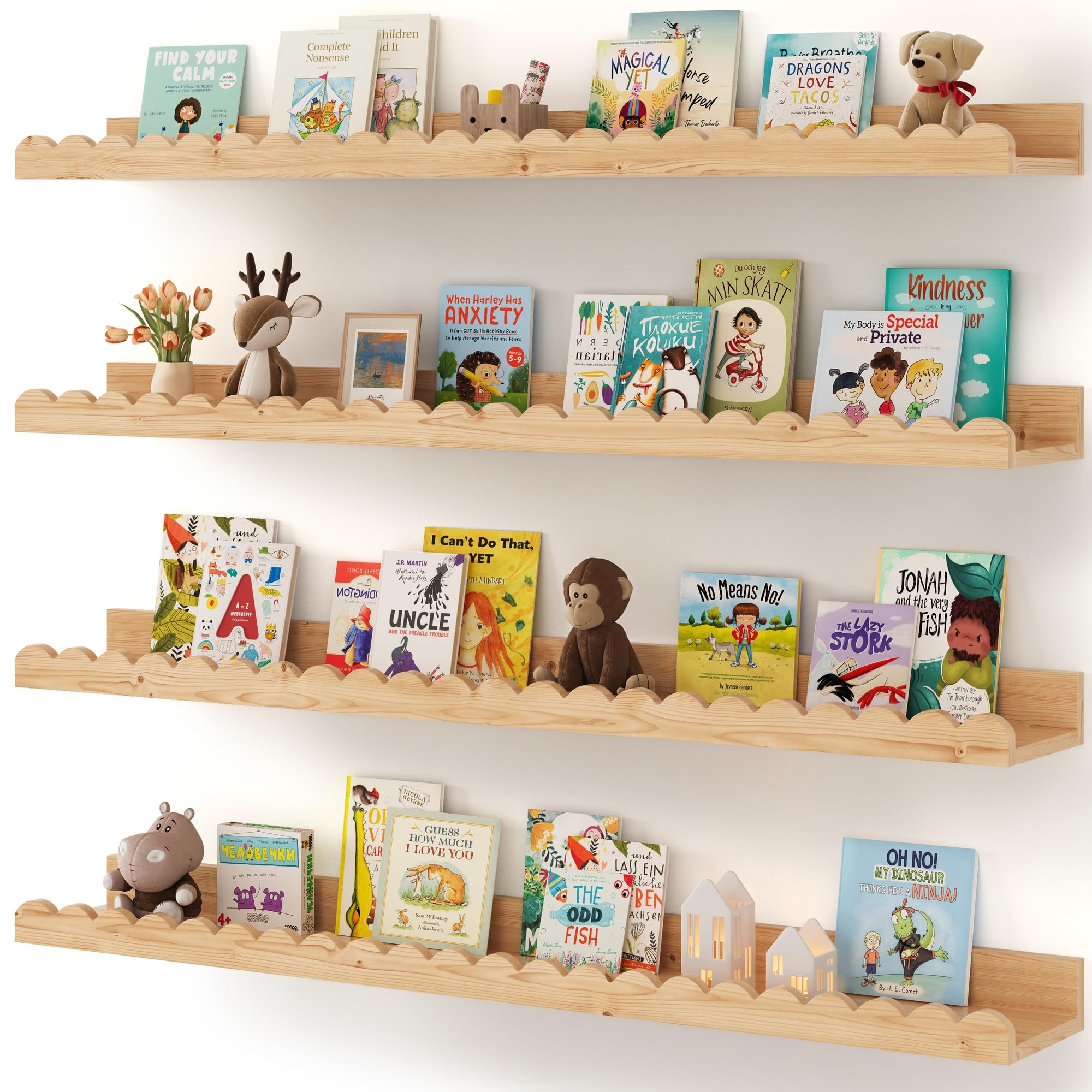 Shario 4-pack wood floating nursery shelves keep books organized and within reach.