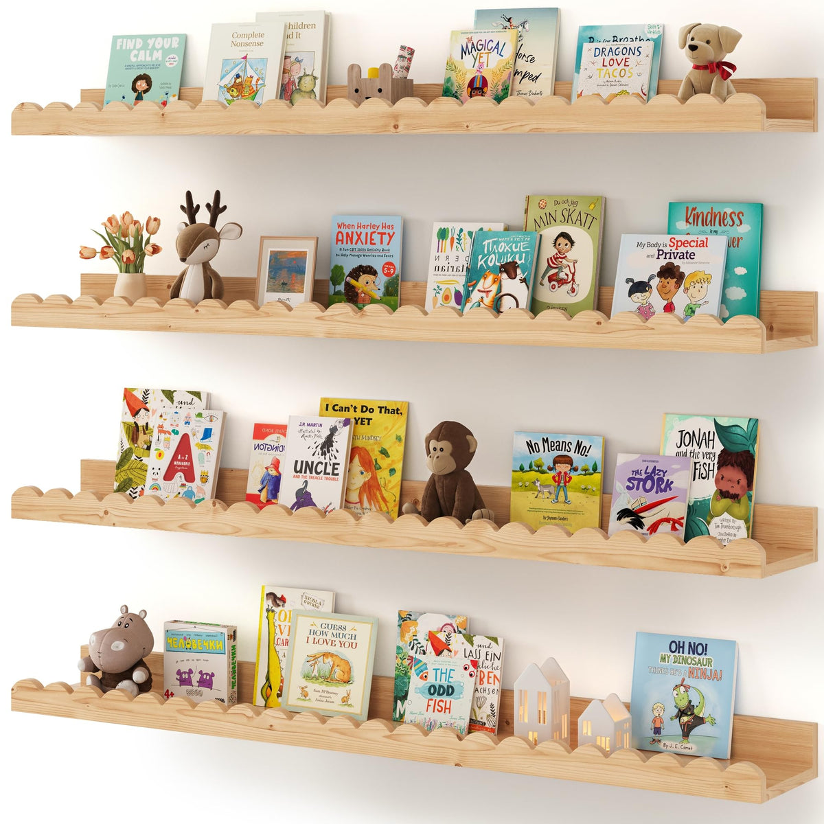 Shario 4-pack wood floating nursery shelves keep books organized and within reach.