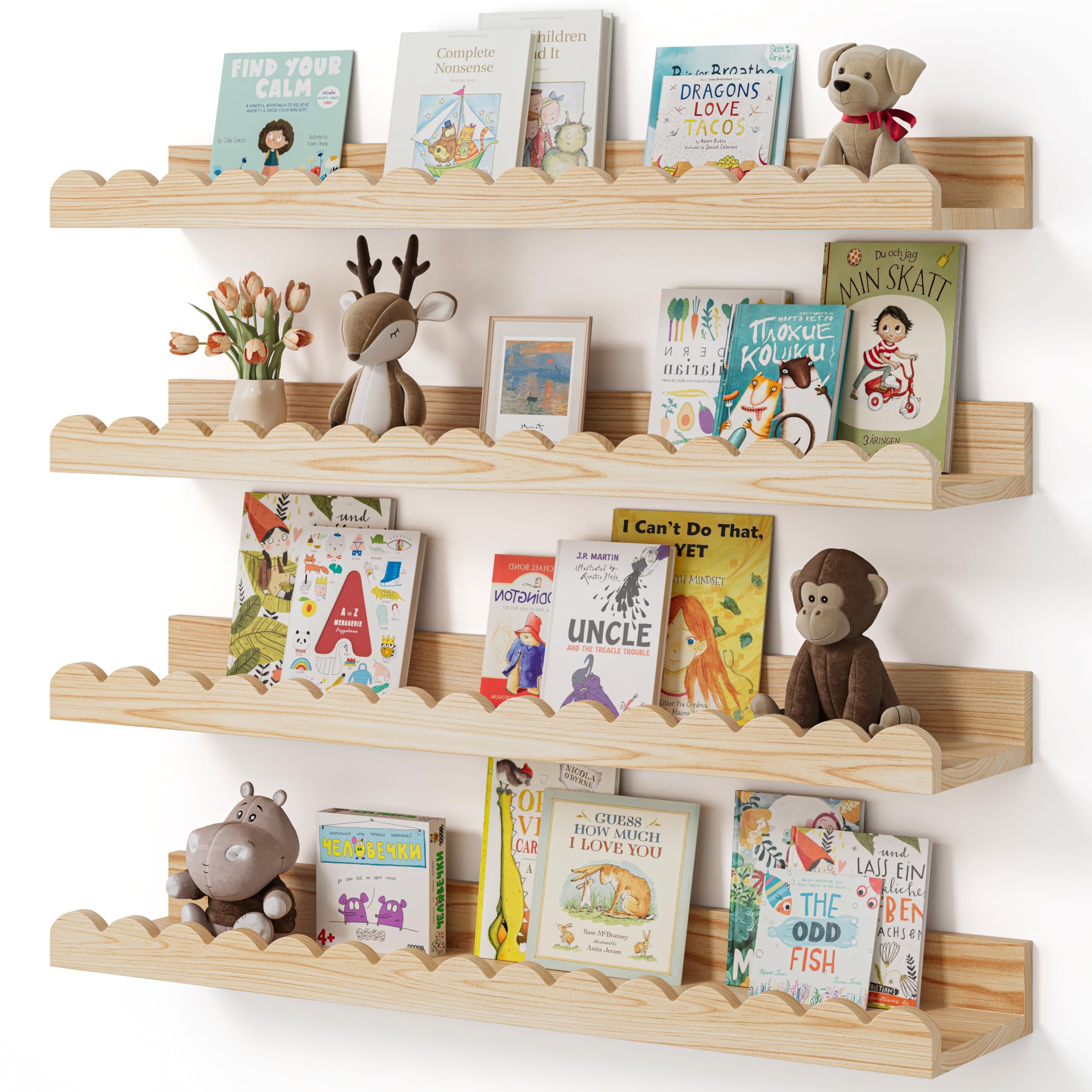 Shario nursery book shelves in wood floating 4-pack neatly organize children's books.