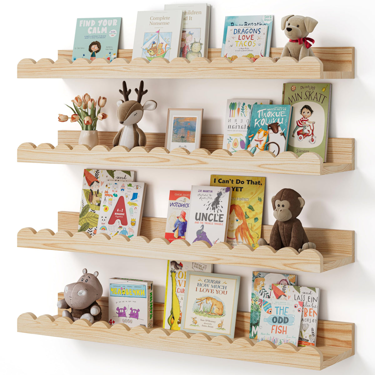 Shario nursery book shelves in wood floating 4-pack neatly organize children's books.
