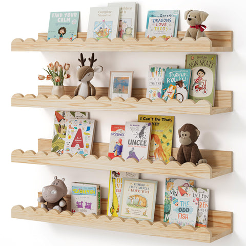 Shario nursery book shelves in wood floating 4-pack neatly organize children's books.