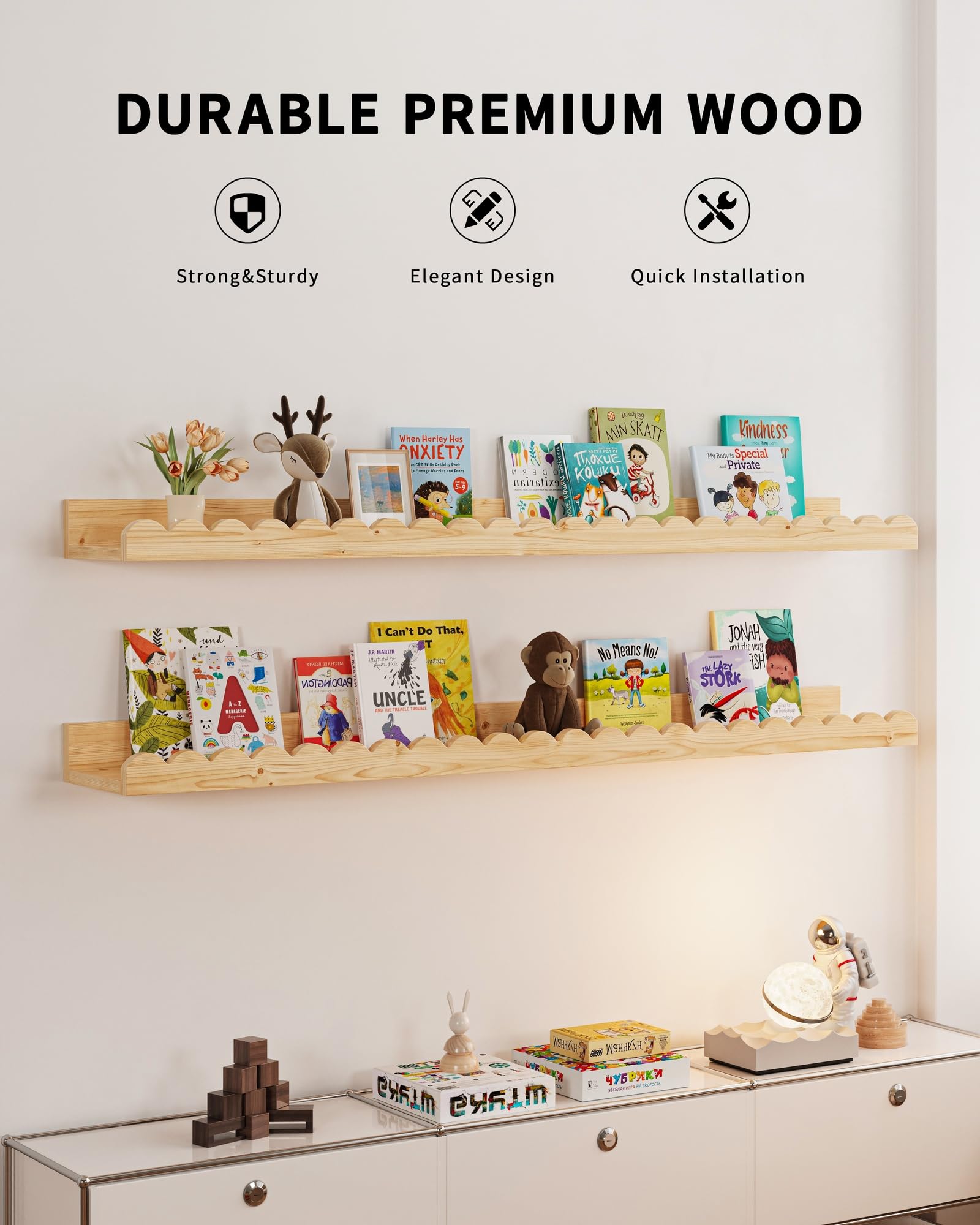 Shario scalloped wall shelves add playful style to kid's room.