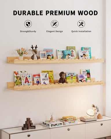 Shario scalloped wall shelves add playful style to kid's room.