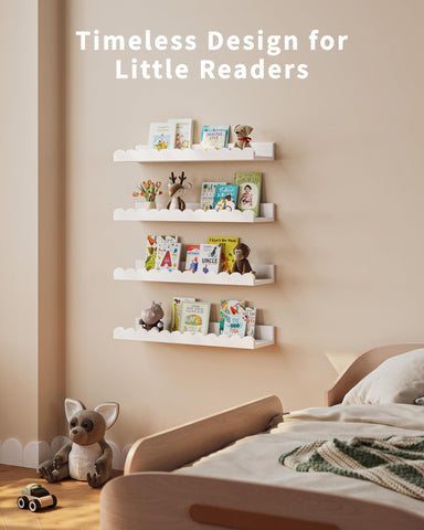 Shario white shelves help organize books and toys in kid spaces.