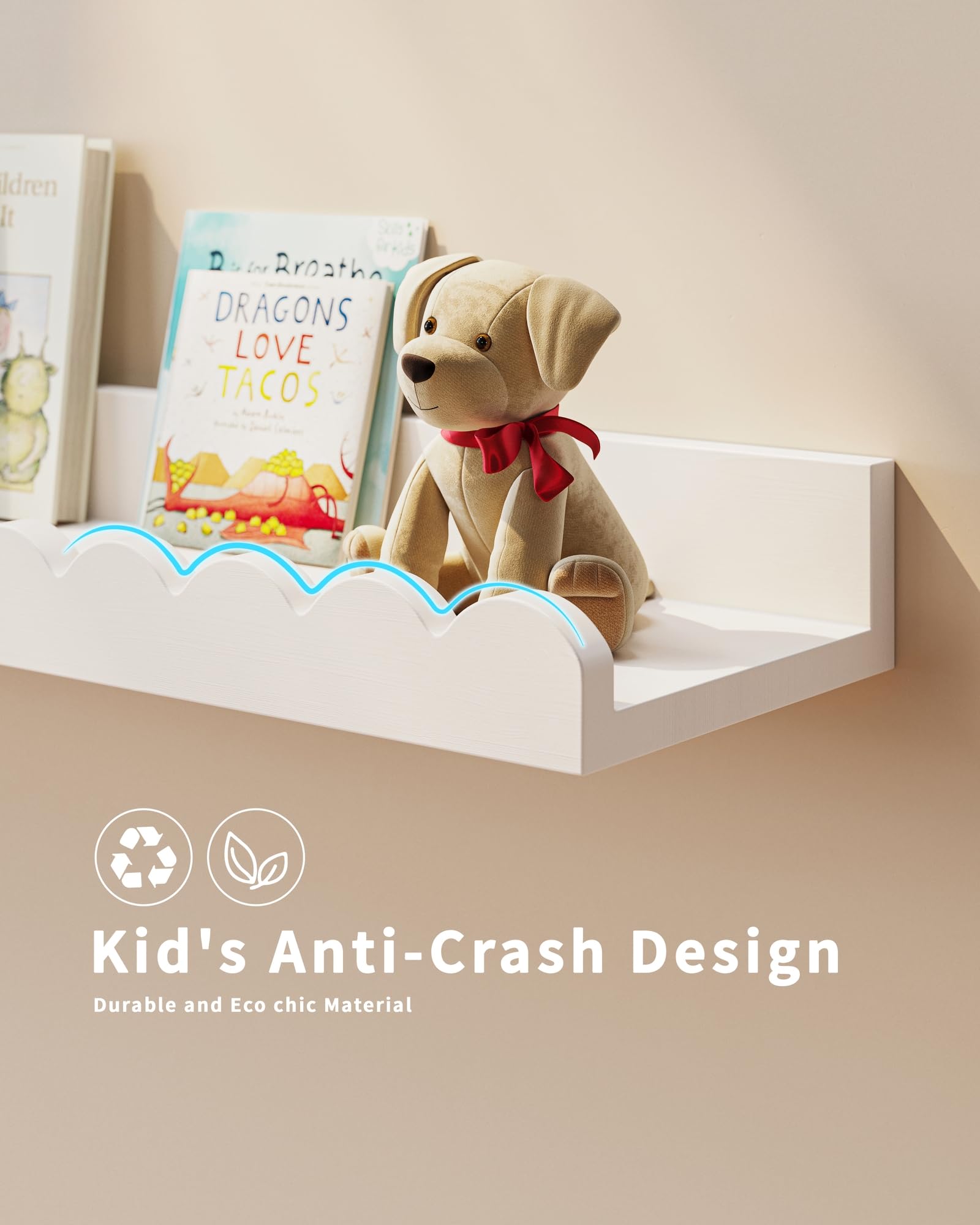 Shario scalloped shelves brighten a kid's room while keeping toys organized.
