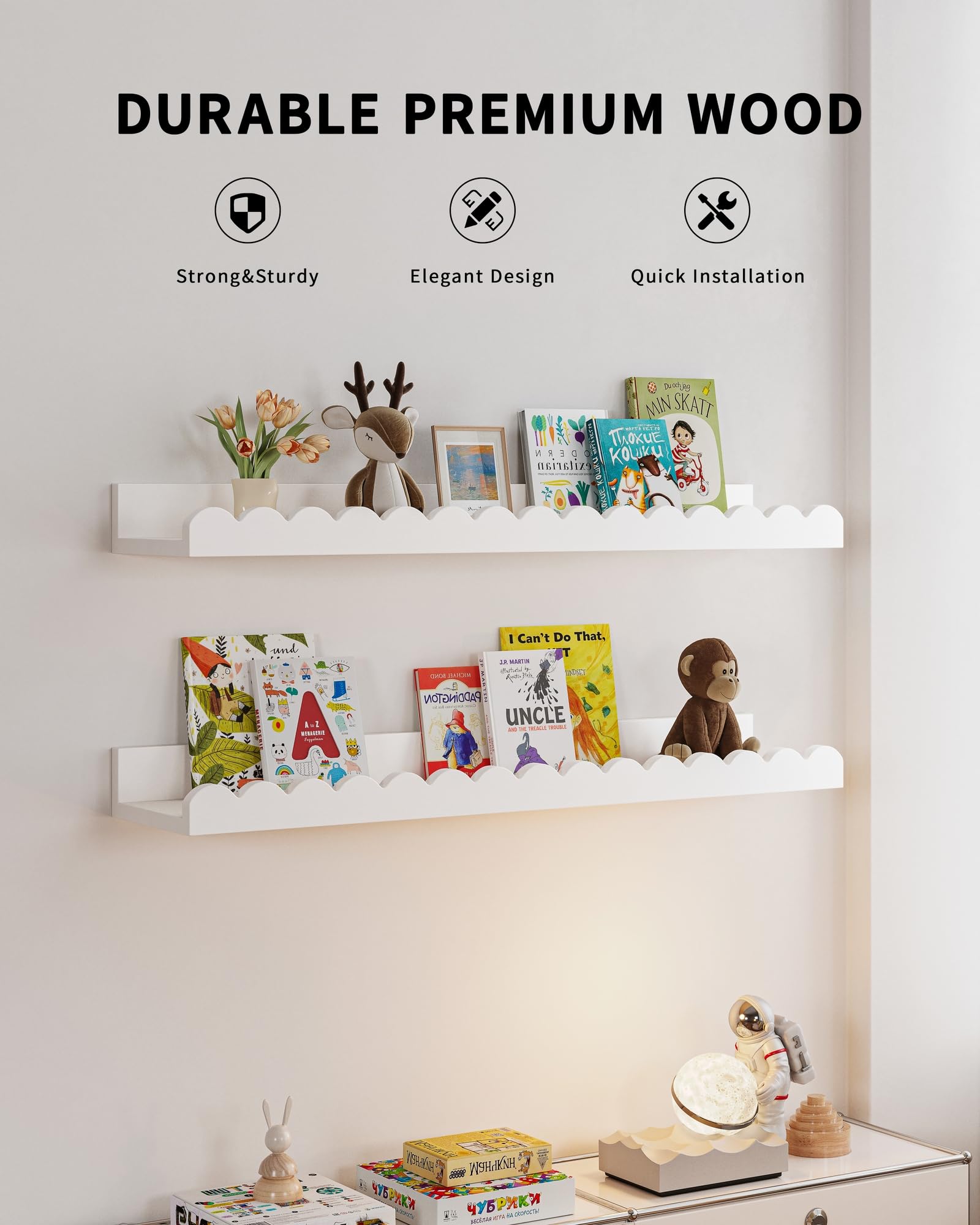 Shario smooth-edge design shelves offering safe storage in the nursery.