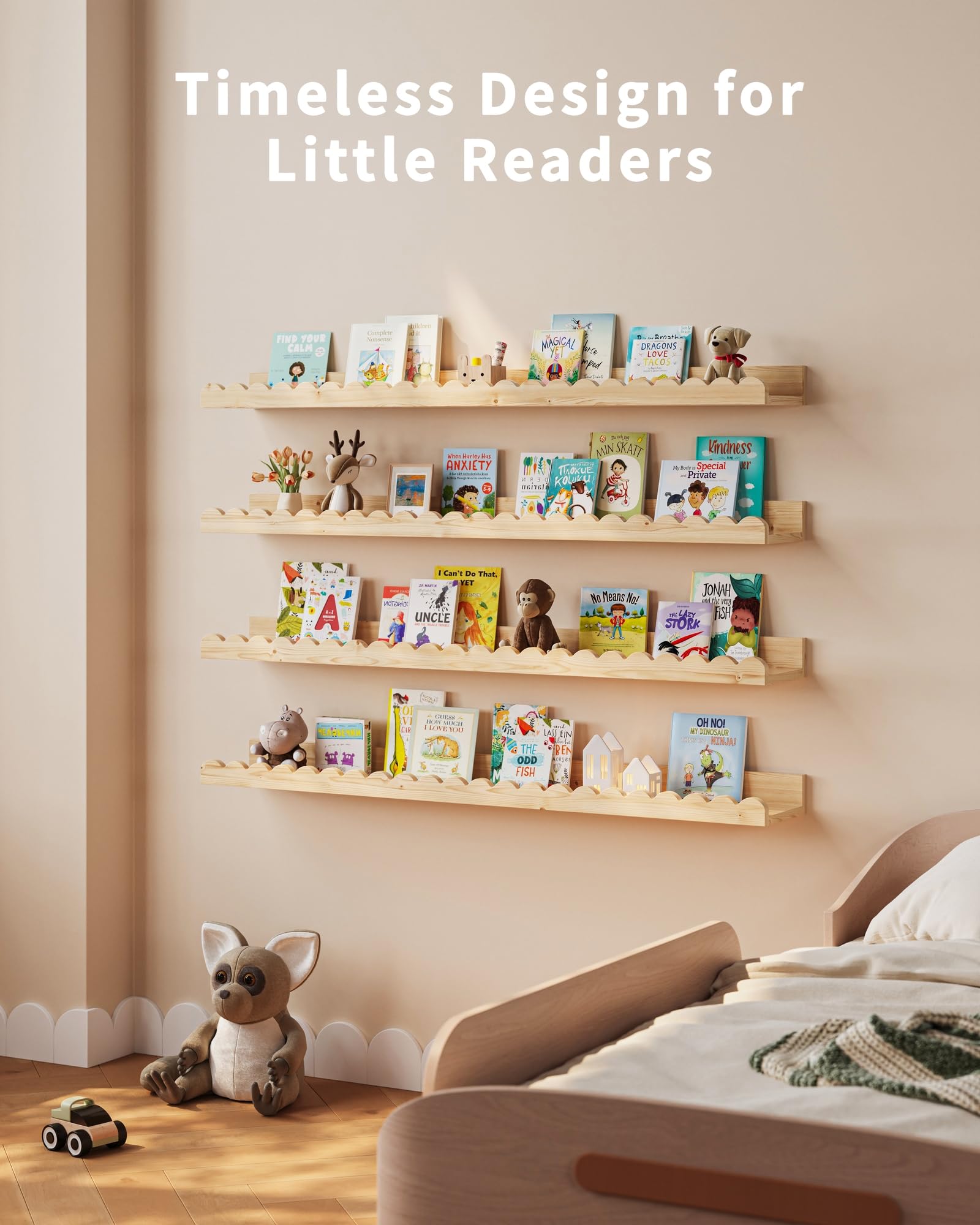 Shario smooth-edged shelves promote safe play and easy access.