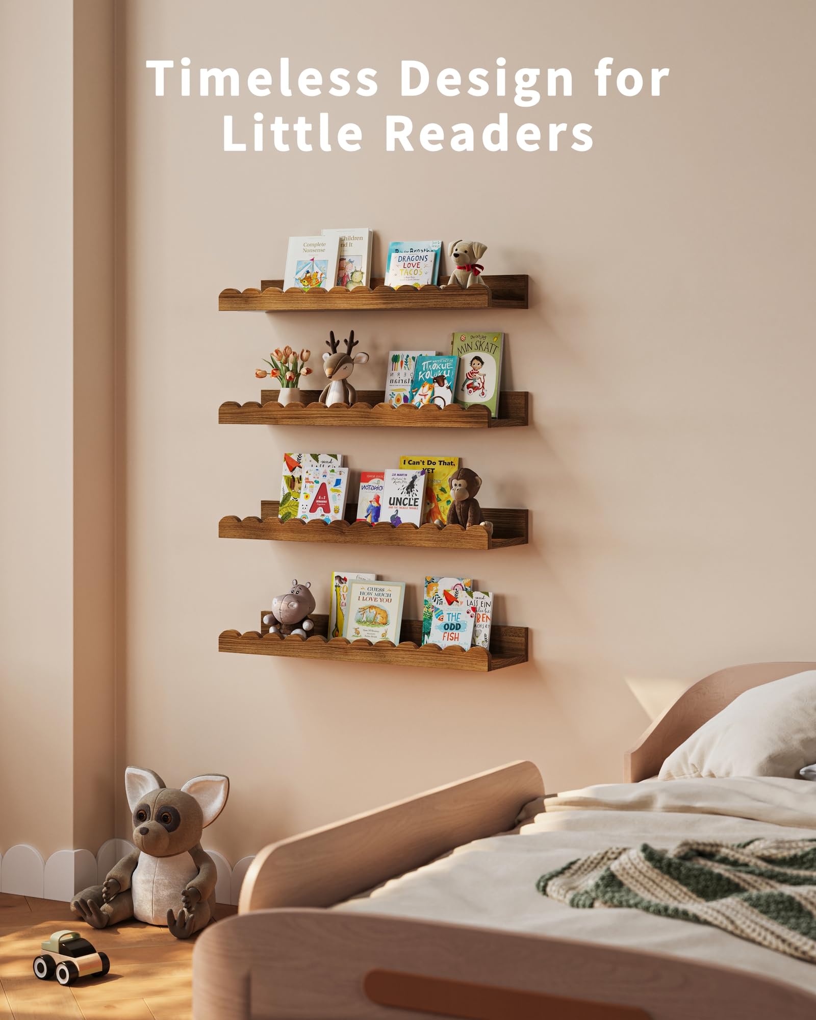 Shario toddler room book shelves in wood finish for organized stories
