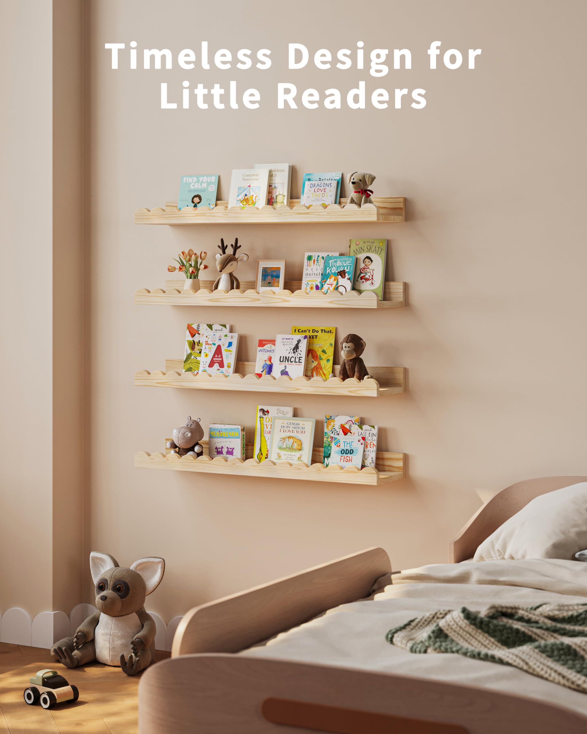 Shario unique scalloped design shelves bring charm and organized display.