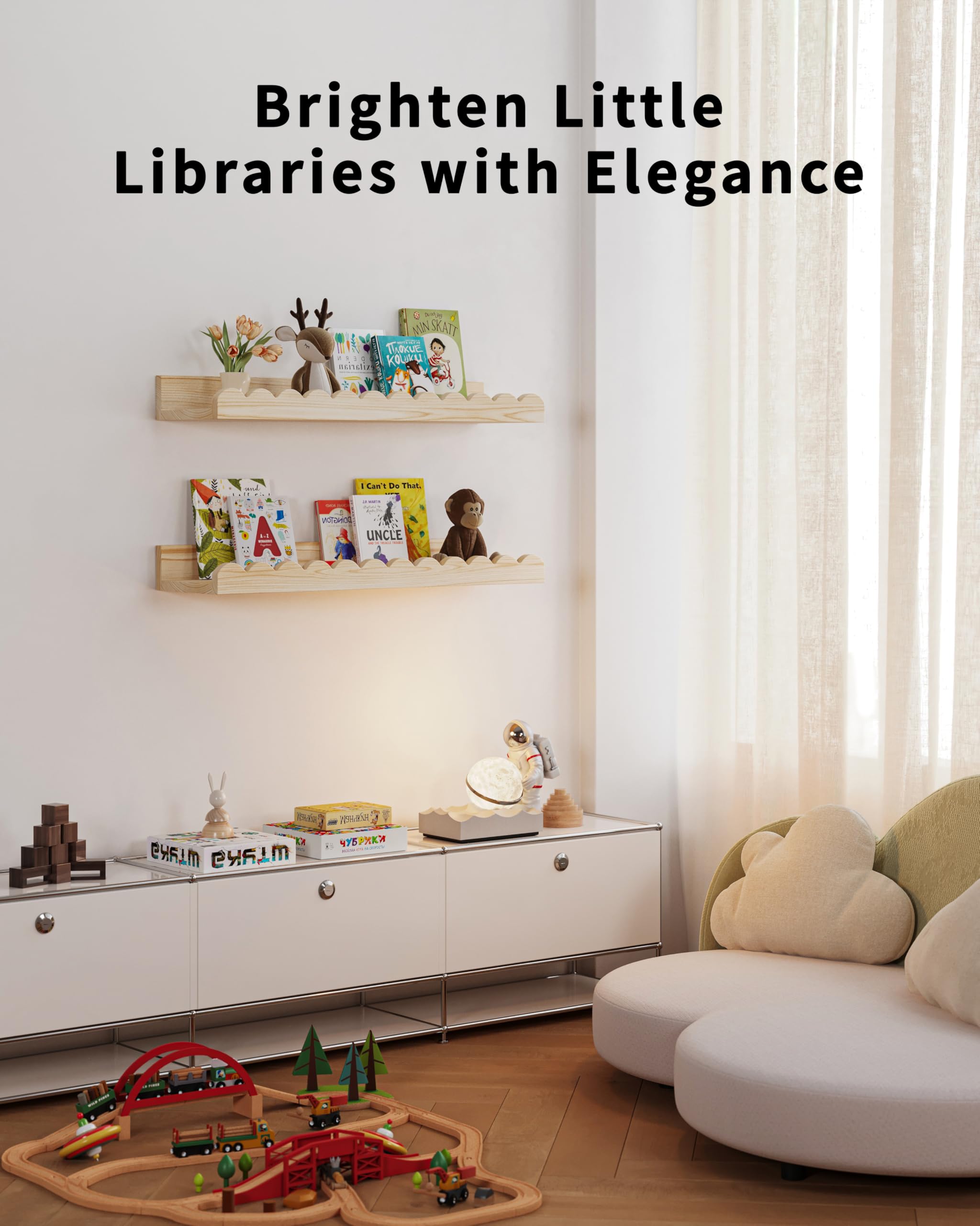 Shario vibrant colors nursery shelves brighten the room and inspire little reading time.
