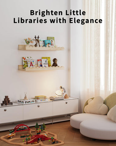 Shario vibrant colors nursery shelves brighten the room and inspire little reading time.