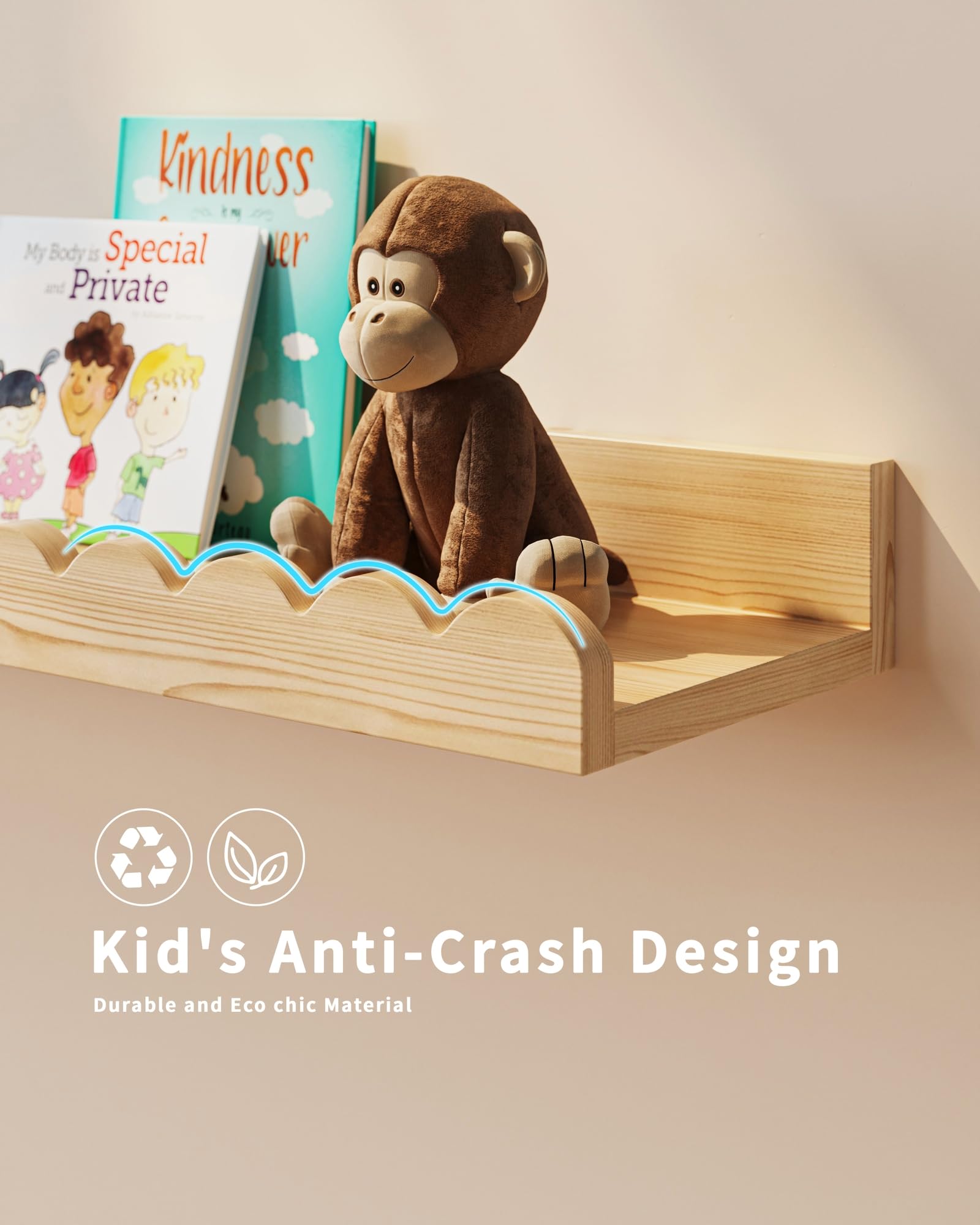 Shario wall-mounted book shelves for a tidy kids’ reading corner.