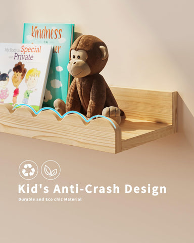 Shario wall-mounted book shelves for a tidy kids’ reading corner.