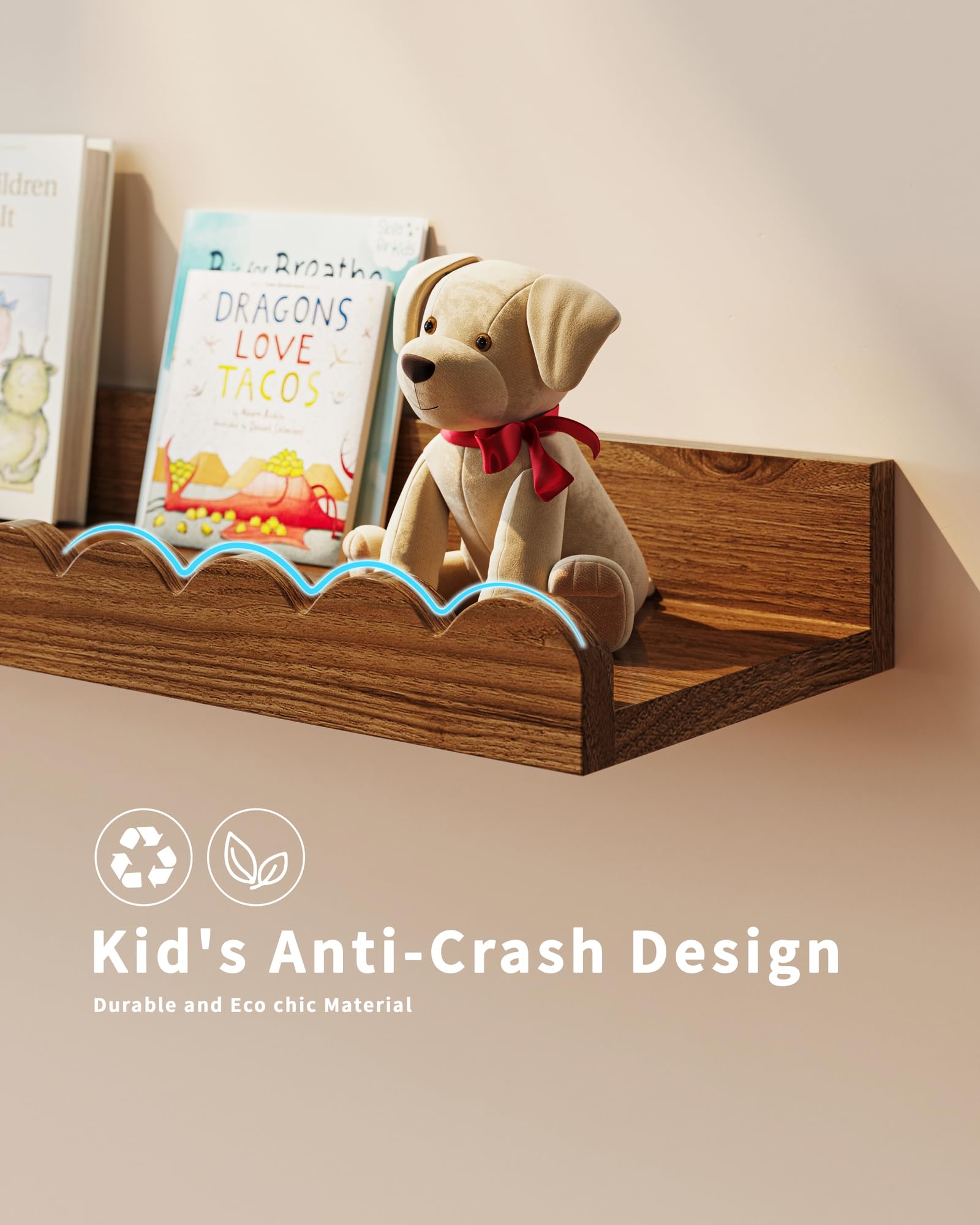Shario wall mounted bookcase for a kid's bedroom with a warm walnut finish