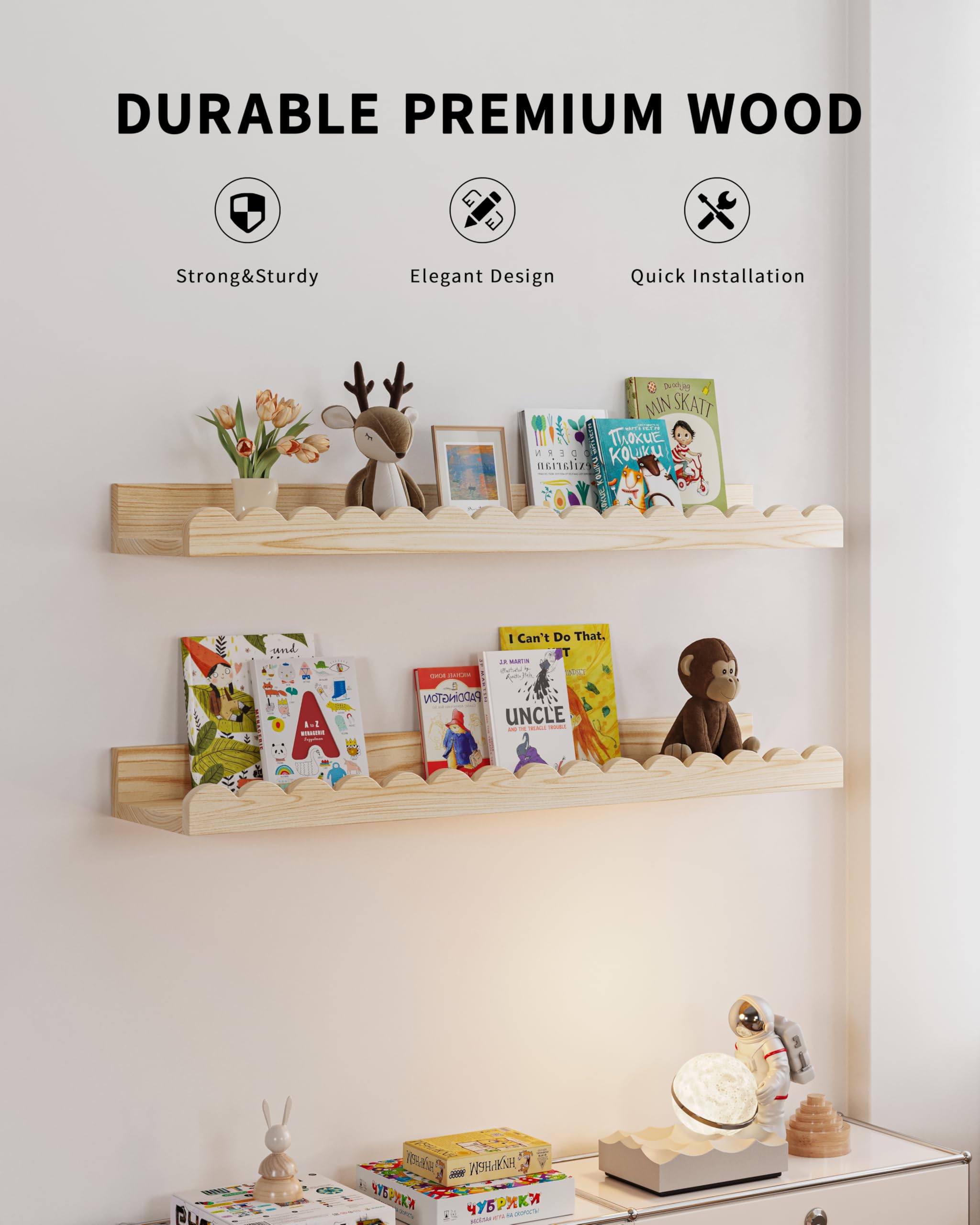 Shario wall shelves for baby room provide sturdy storage and tidy displays.