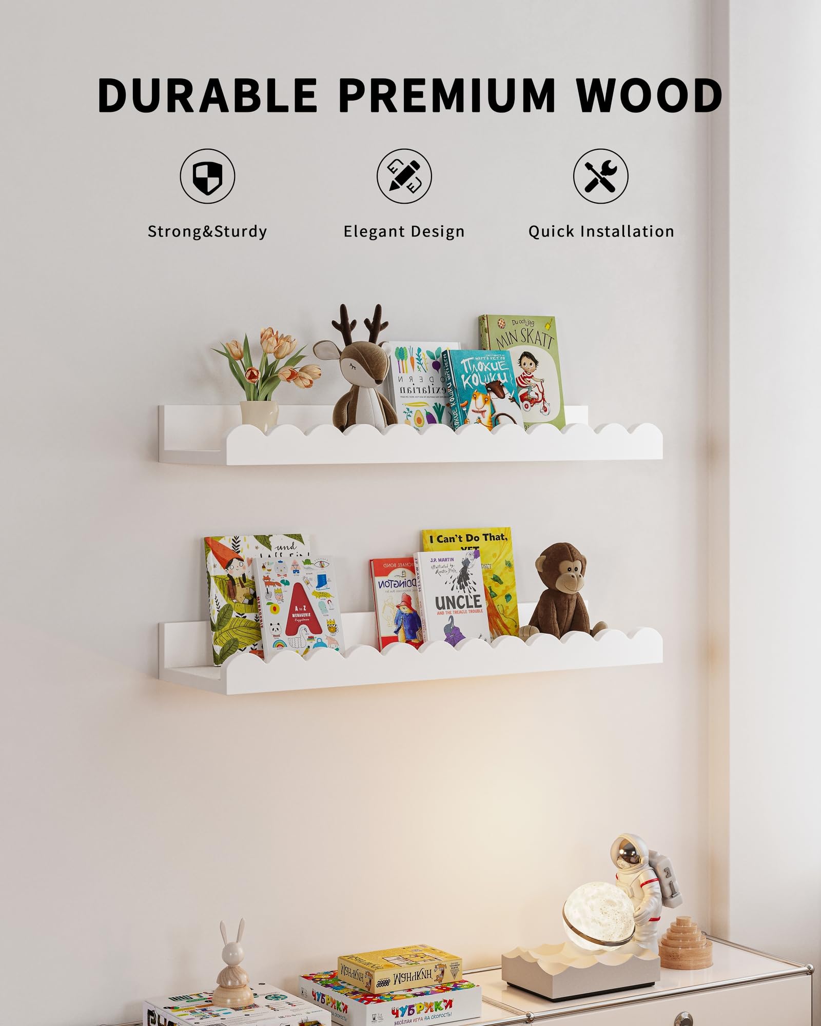 Shario white floating shelves add modern style and accessible storage.