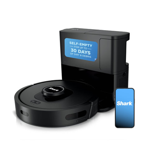 Shark AV2501S AI Ultra Robot Vacuum front view showing sleek dark grey design for powerful cleaning.