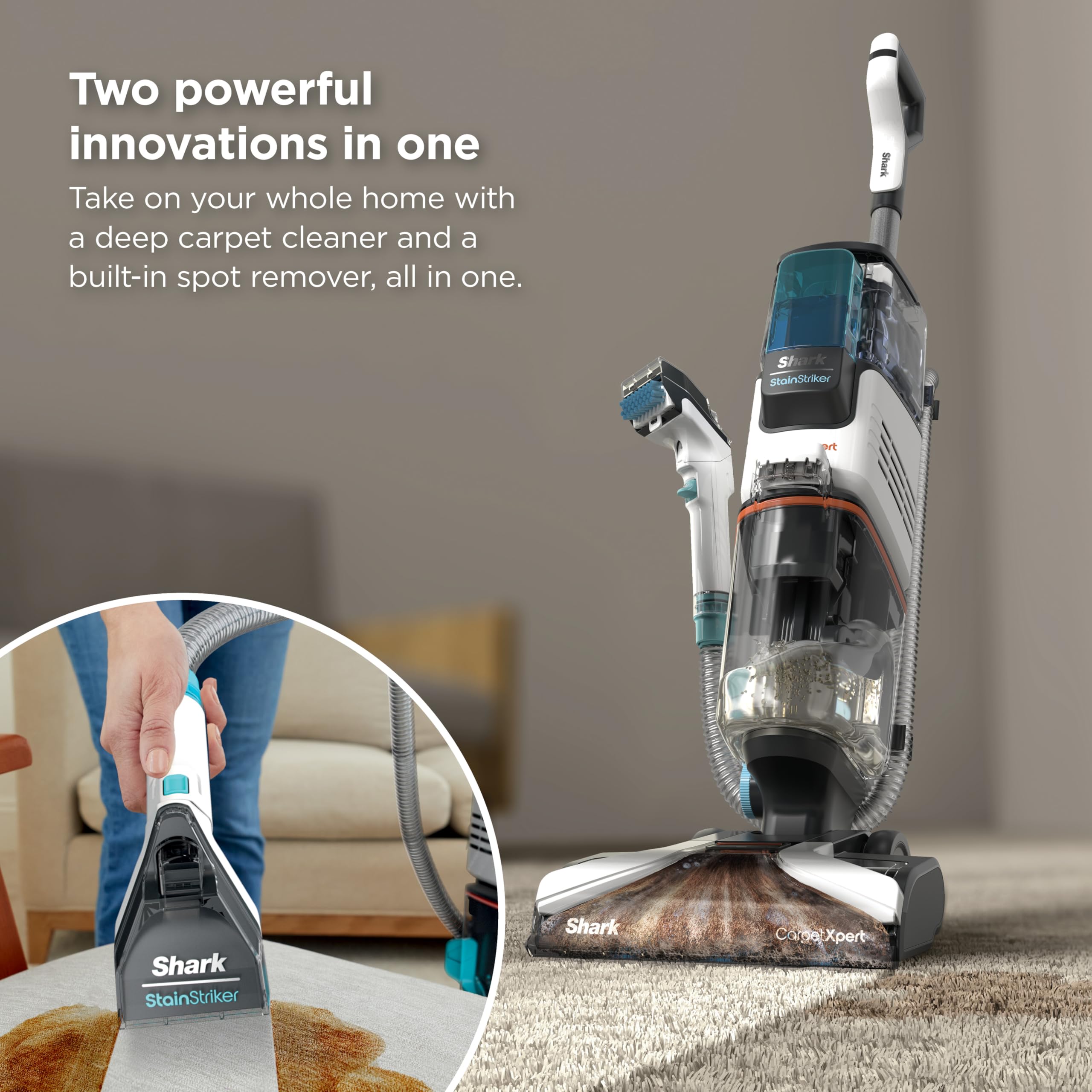 Shark CarpetXpert high-pressure PowerSpray delivers deep stain lifting performance.