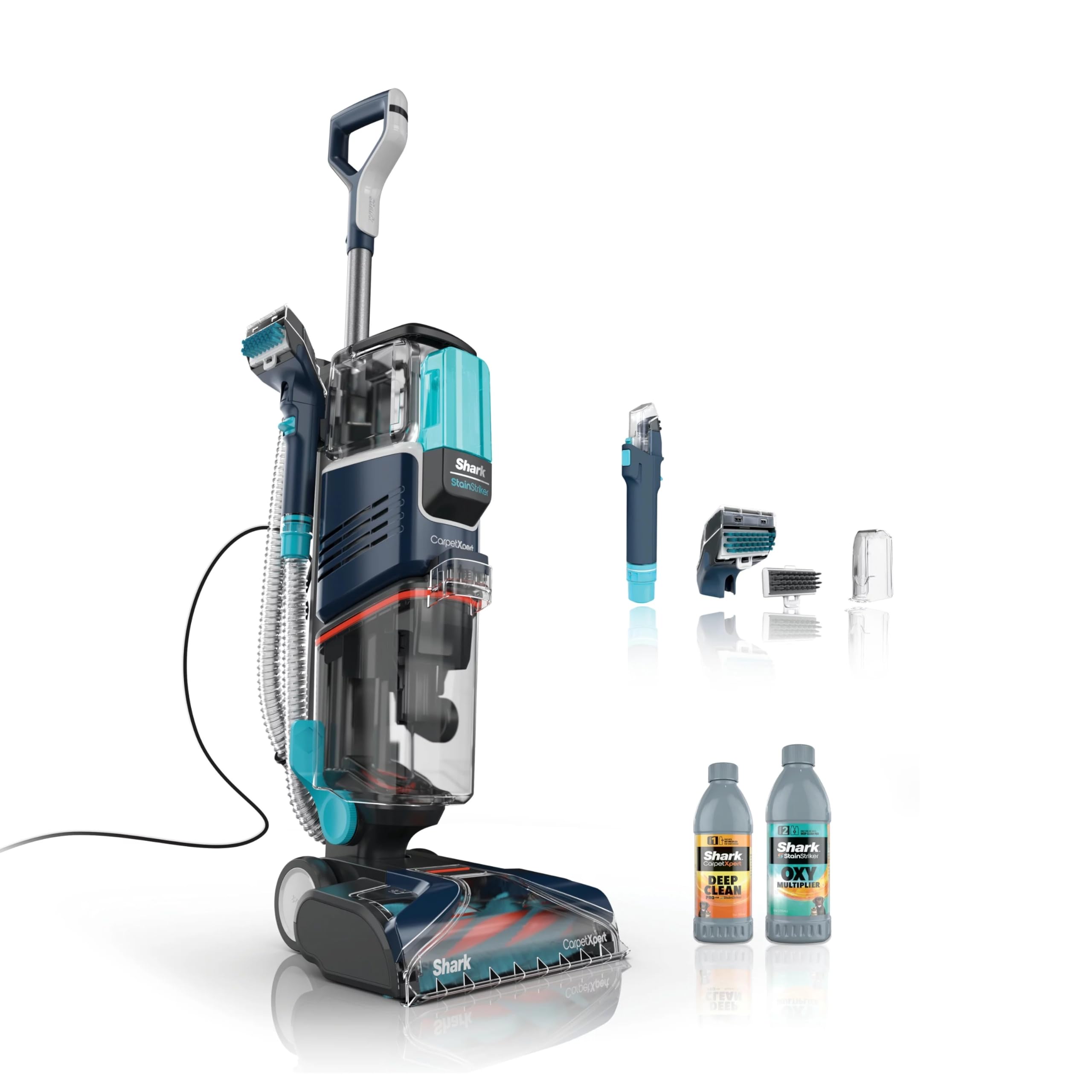 Shark CarpetXpert stainstriker tool activated for tough fabric stains.